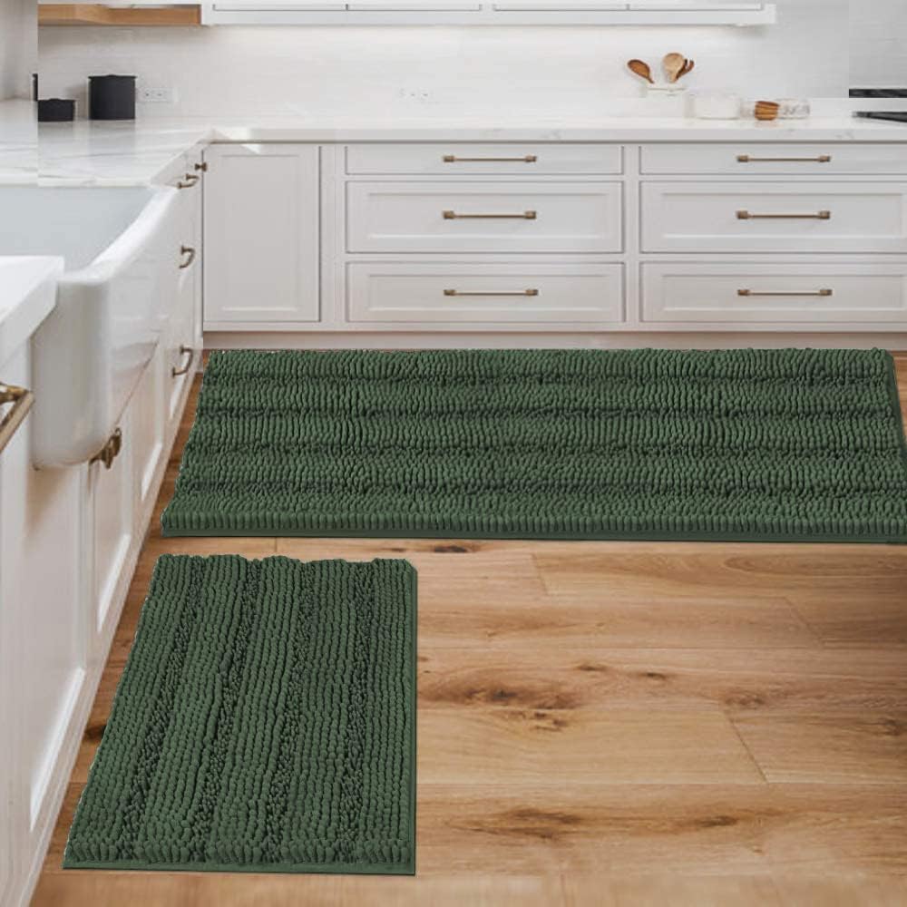Black Bathroom Rug Set Extra Thick Striped Bath Mats for Bathroom Floor 2 Piece, Anti-Slip Bath Mat Set Soft Plush Chenille Shower Rugs for Bathroom Waterproof (20" x 32"/17" x 24")