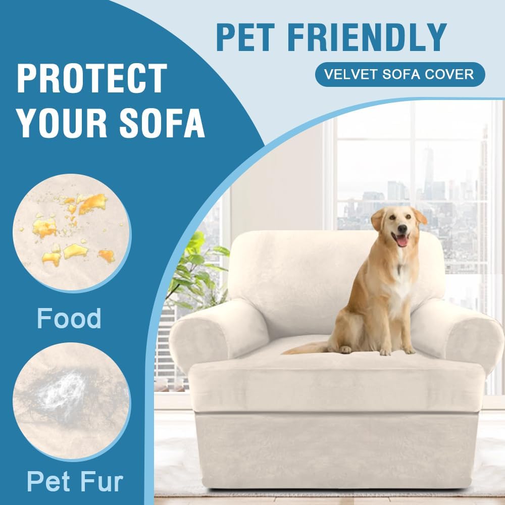 Sofa Cover 2 Piece T Cushion Armchair Slipcovers Thick Velvet Couch Cover Furniture Protector Stretch T Cushion Sofa Covers for 1 Cushion Couch with 1 Individual T Cushion Covers, Ivory