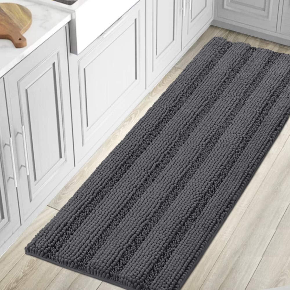 Black Bathroom Rug Set Extra Thick Striped Bath Mats for Bathroom Floor 2 Piece, Anti-Slip Bath Mat Set Soft Plush Chenille Shower Rugs for Bathroom Waterproof (20" x 32"/17" x 24")