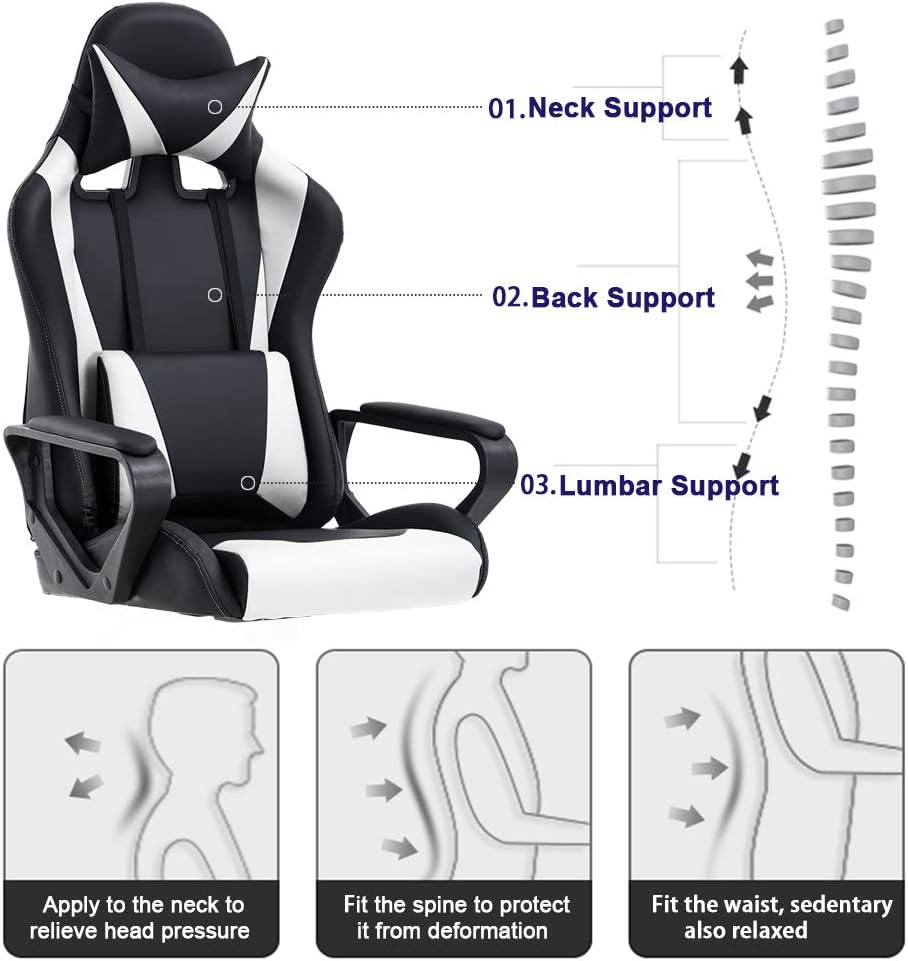 High-Back Gaming Chair PC Office Chair Computer Racing Chair PU Desk Task Chair Ergonomic Executive Swivel Rolling Chair with Lumbar Support for Back Pain Women, Men,White
