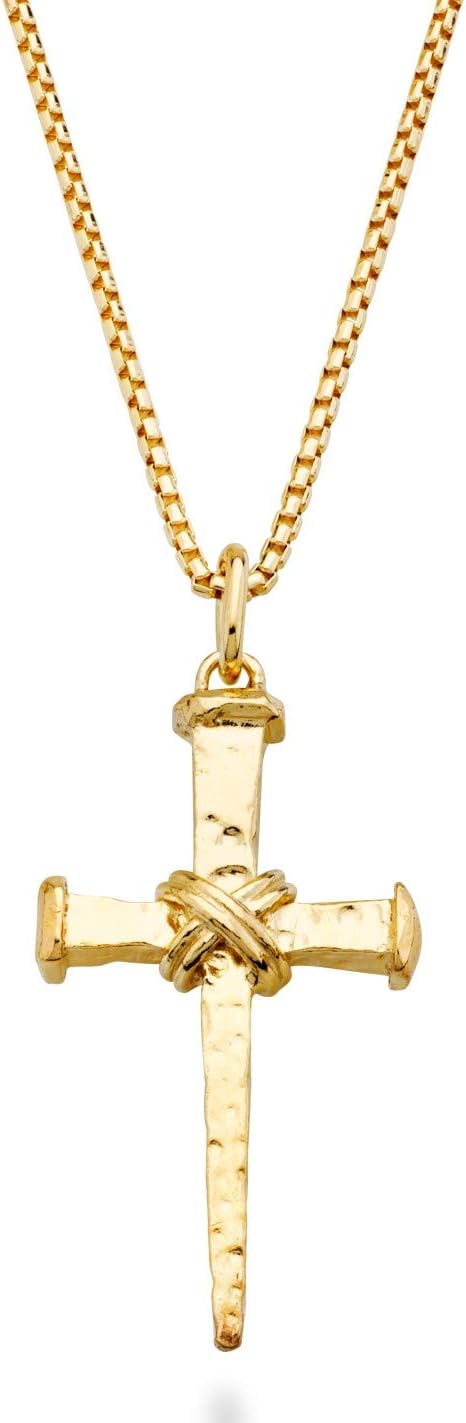 Rope Wrap Nail Cross Pendant Necklace Box Chain, Rhodium or 18K Yellow Gold Over 925 Sterling Silver