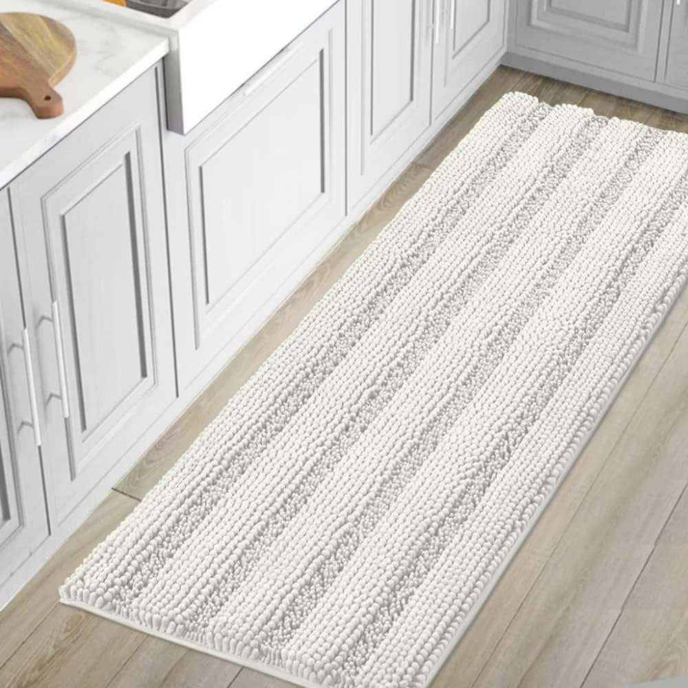 Black Bathroom Rug Set Extra Thick Striped Bath Mats for Bathroom Floor 2 Piece, Anti-Slip Bath Mat Set Soft Plush Chenille Shower Rugs for Bathroom Waterproof (20" x 32"/17" x 24")