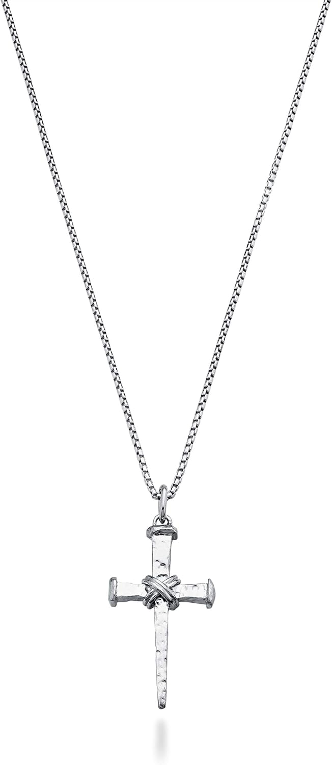 Rope Wrap Nail Cross Pendant Necklace Box Chain, Rhodium or 18K Yellow Gold Over 925 Sterling Silver