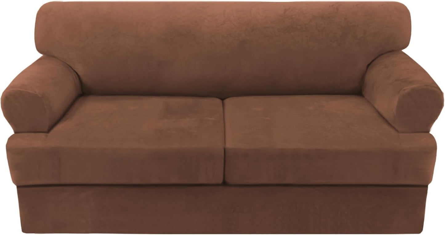 Sofa Cover 2 Piece T Cushion Armchair Slipcovers Thick Velvet Couch Cover Furniture Protector Stretch T Cushion Sofa Covers for 1 Cushion Couch with 1 Individual T Cushion Covers, Ivory