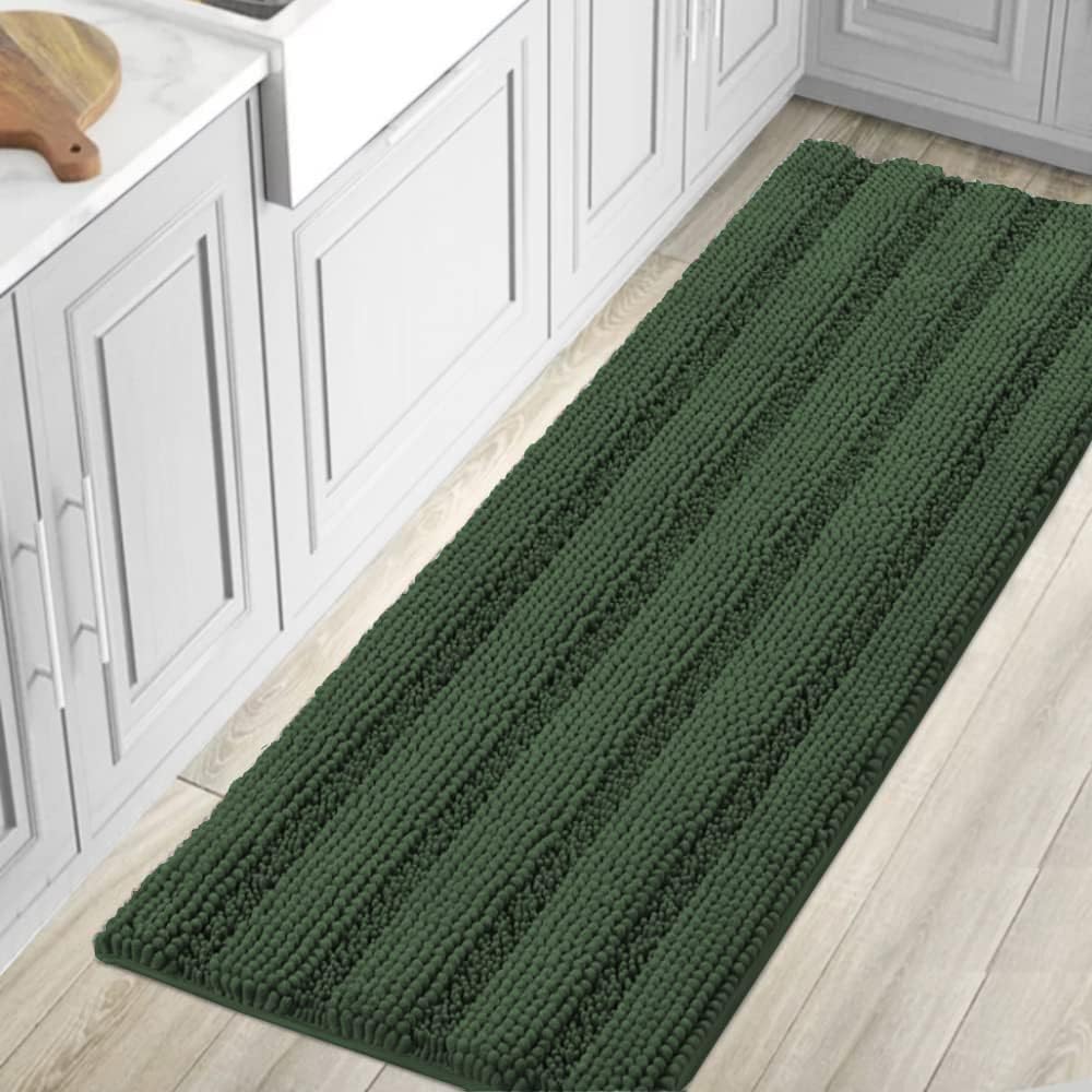 Black Bathroom Rug Set Extra Thick Striped Bath Mats for Bathroom Floor 2 Piece, Anti-Slip Bath Mat Set Soft Plush Chenille Shower Rugs for Bathroom Waterproof (20" x 32"/17" x 24")