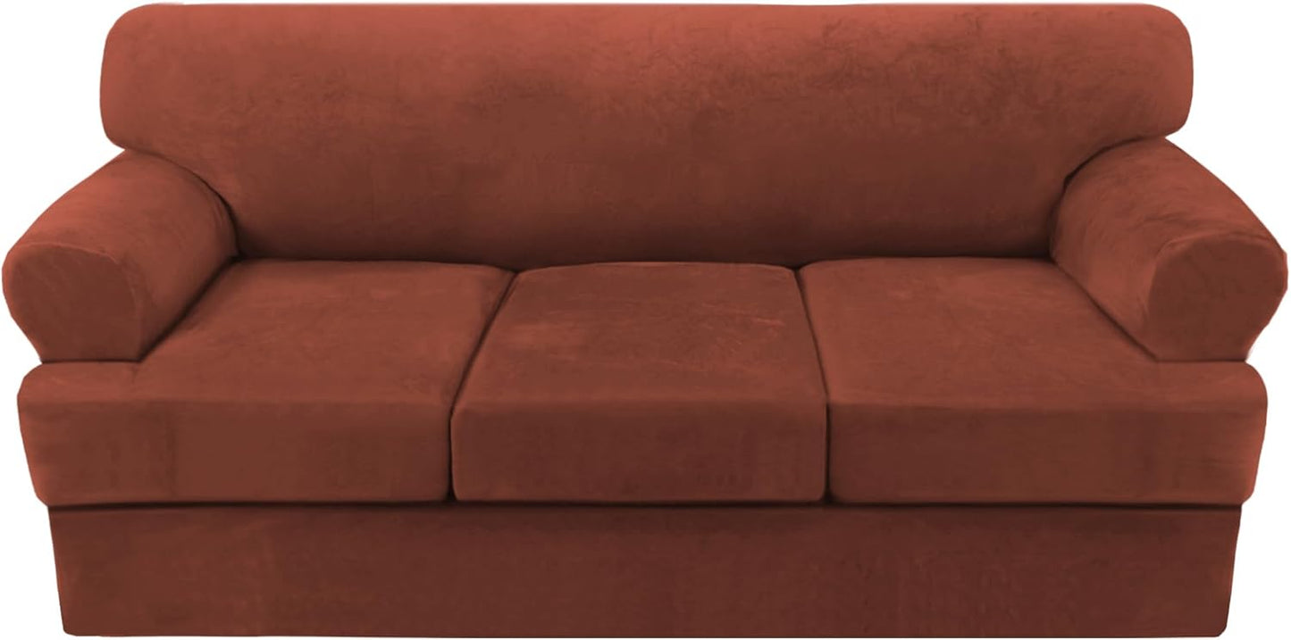 Sofa Cover 2 Piece T Cushion Armchair Slipcovers Thick Velvet Couch Cover Furniture Protector Stretch T Cushion Sofa Covers for 1 Cushion Couch with 1 Individual T Cushion Covers, Ivory