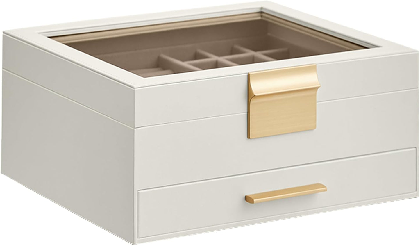 Jewelry Box with Glass Lid, 6-Layer Jewelry Organizer, 5 Drawers, for Big and Small Jewelry, Jewelry Storage, Modern Style, 8 x 9.1 x 9 Inches, Cloud White and Gold Color UJBC176W01