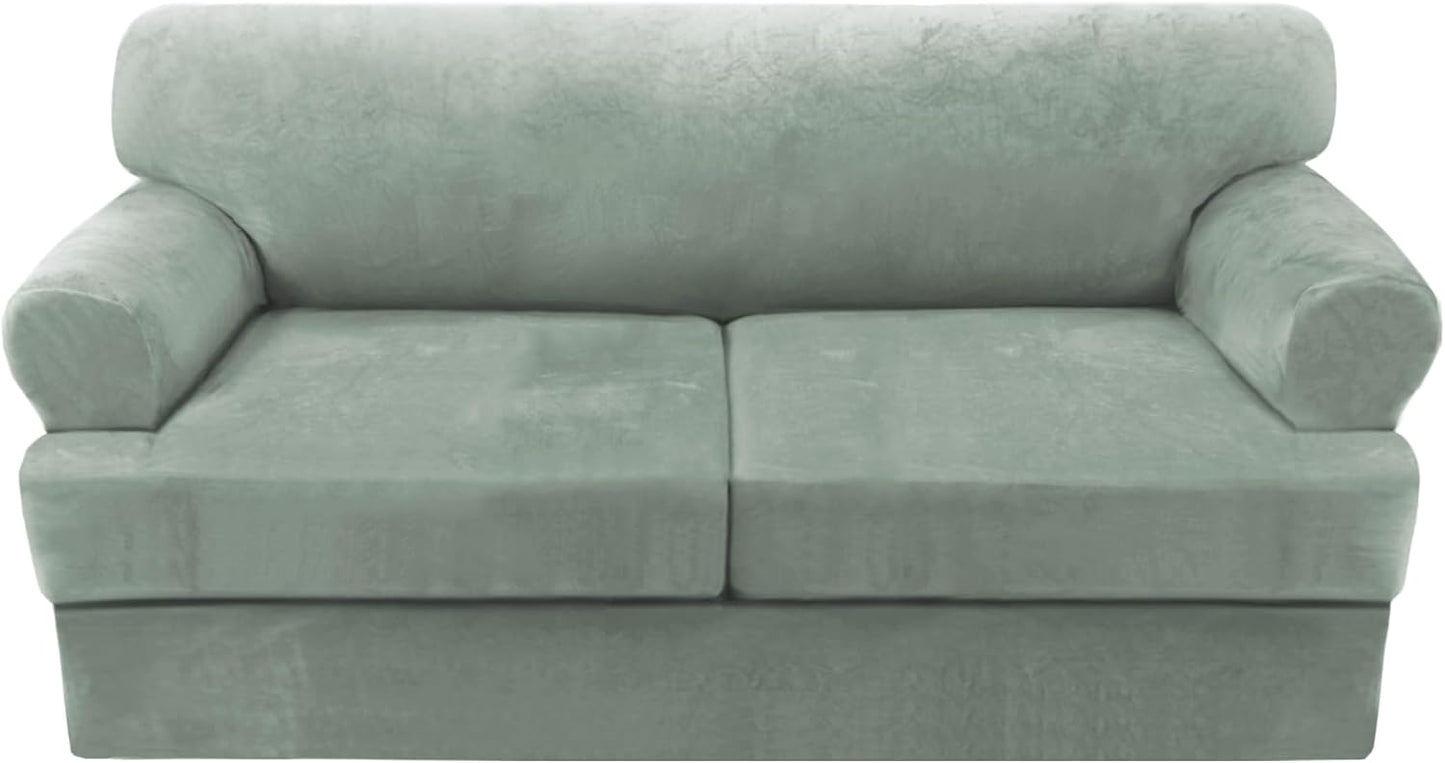 Sofa Cover 2 Piece T Cushion Armchair Slipcovers Thick Velvet Couch Cover Furniture Protector Stretch T Cushion Sofa Covers for 1 Cushion Couch with 1 Individual T Cushion Covers, Ivory