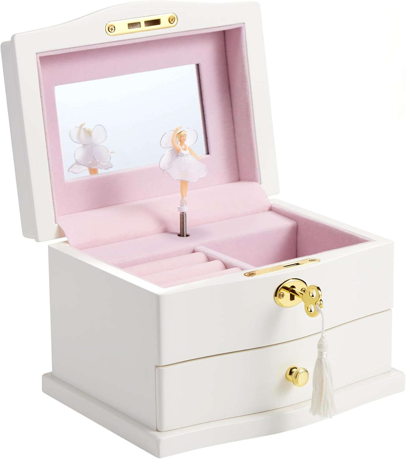 Wooden Ballerina Medium White Musical Jewelry Box with Mirror and Lock for girls，Kid's Jewelry Storage Music Box,Gift for Holidays
