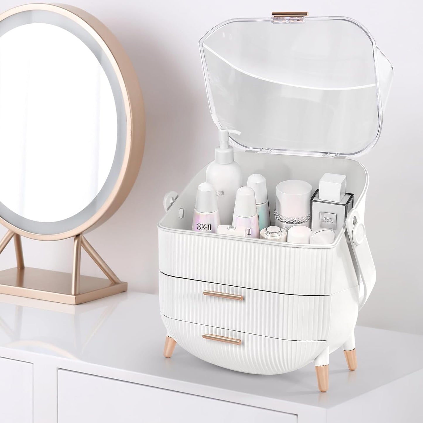 Preppy Makeup Organizers,Skincare Organizer for College Students,Portable Cosmetic Organizer Makeup Caddy for Dorm,Bathroom,Dresser Cosmetic Storage Box. (WHITE)