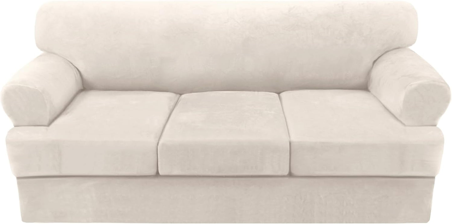Sofa Cover 2 Piece T Cushion Armchair Slipcovers Thick Velvet Couch Cover Furniture Protector Stretch T Cushion Sofa Covers for 1 Cushion Couch with 1 Individual T Cushion Covers, Ivory