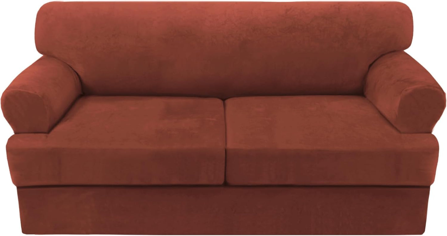 Sofa Cover 2 Piece T Cushion Armchair Slipcovers Thick Velvet Couch Cover Furniture Protector Stretch T Cushion Sofa Covers for 1 Cushion Couch with 1 Individual T Cushion Covers, Ivory