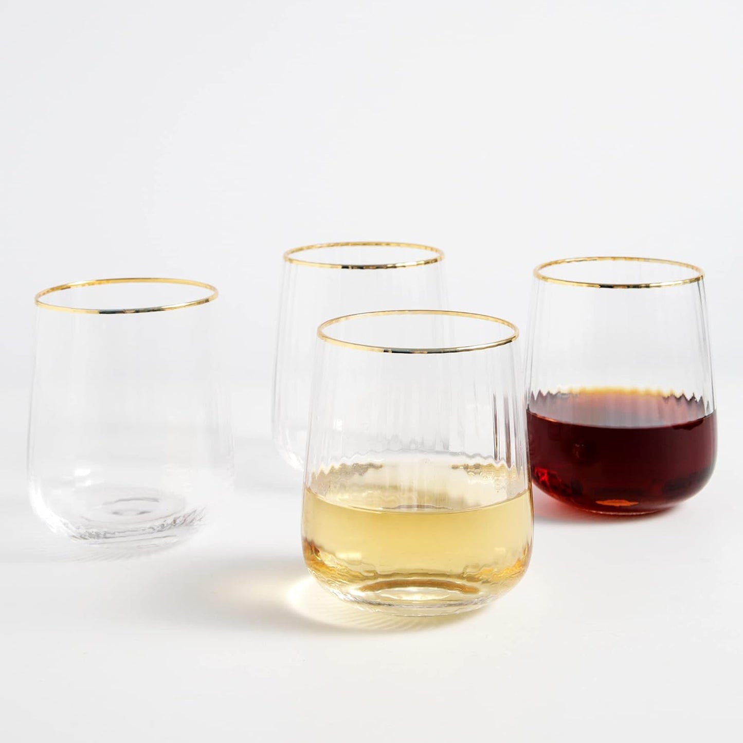 Stemless Wine Glasses Set of 4 - Premium Hand Blown Drinking Glasses for White and Red Wine - Elegant Wide Vertical Stripe and Gold Rim Design - Clear 11.8oz