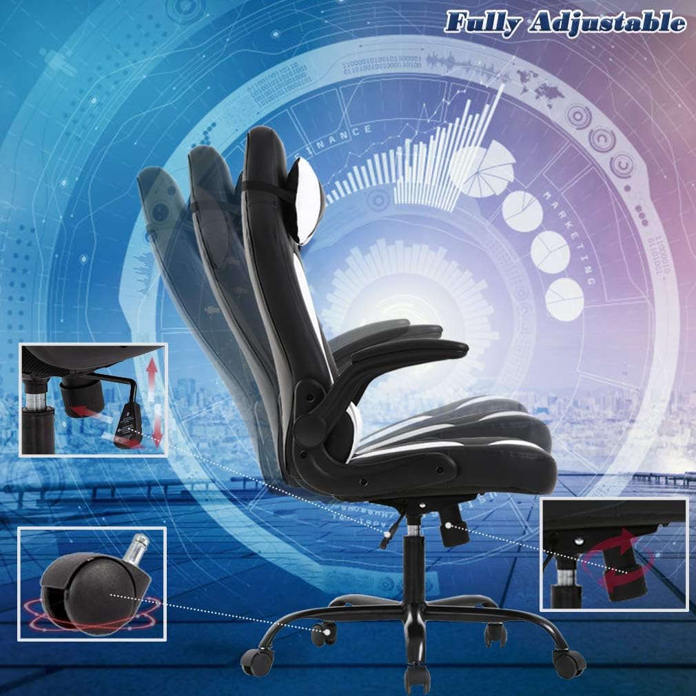 PC Gaming Chair Ergonomic Office Chair Desk Chair with Lumbar Support Flip Up Arms Headrest PU Leather Executive High Back Computer Chair for Adults Women Men (White)