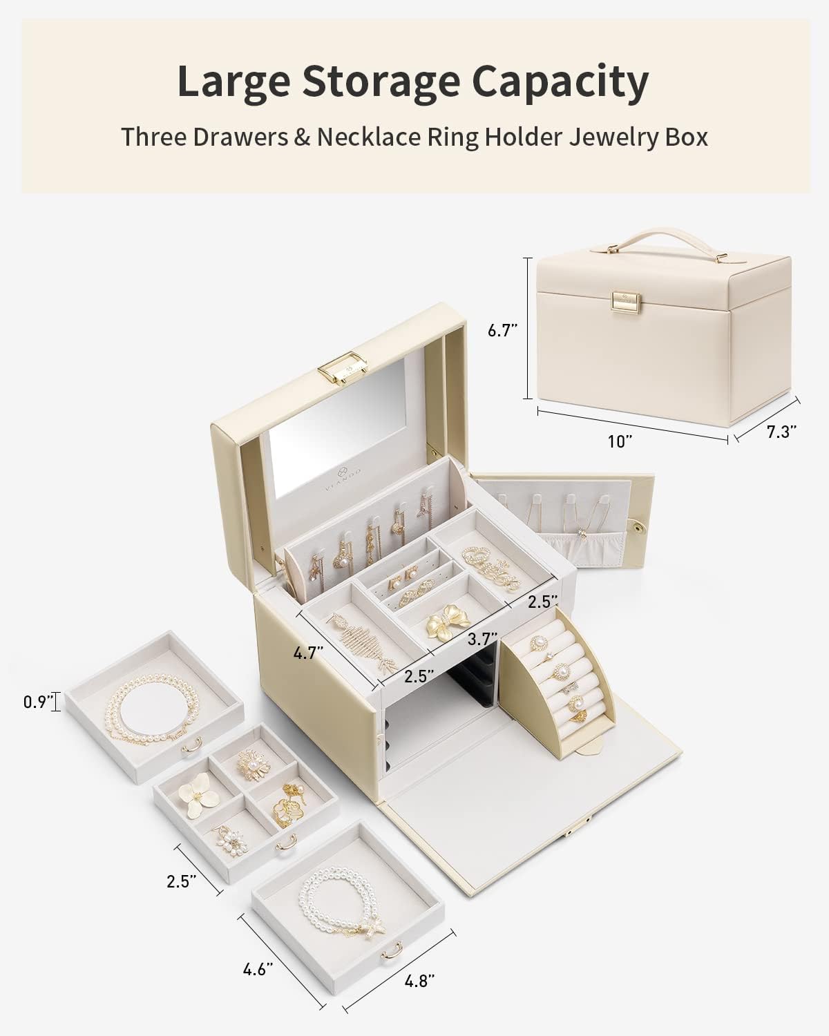 Jewelry Box Organizer for Girls Women, Large Jewelry Holder Organizer with Mirror, 3 Drawers for Bracelets, Earrings, Rings, Necklaces, Mothers Day Gifts for Loved One, Apricot White