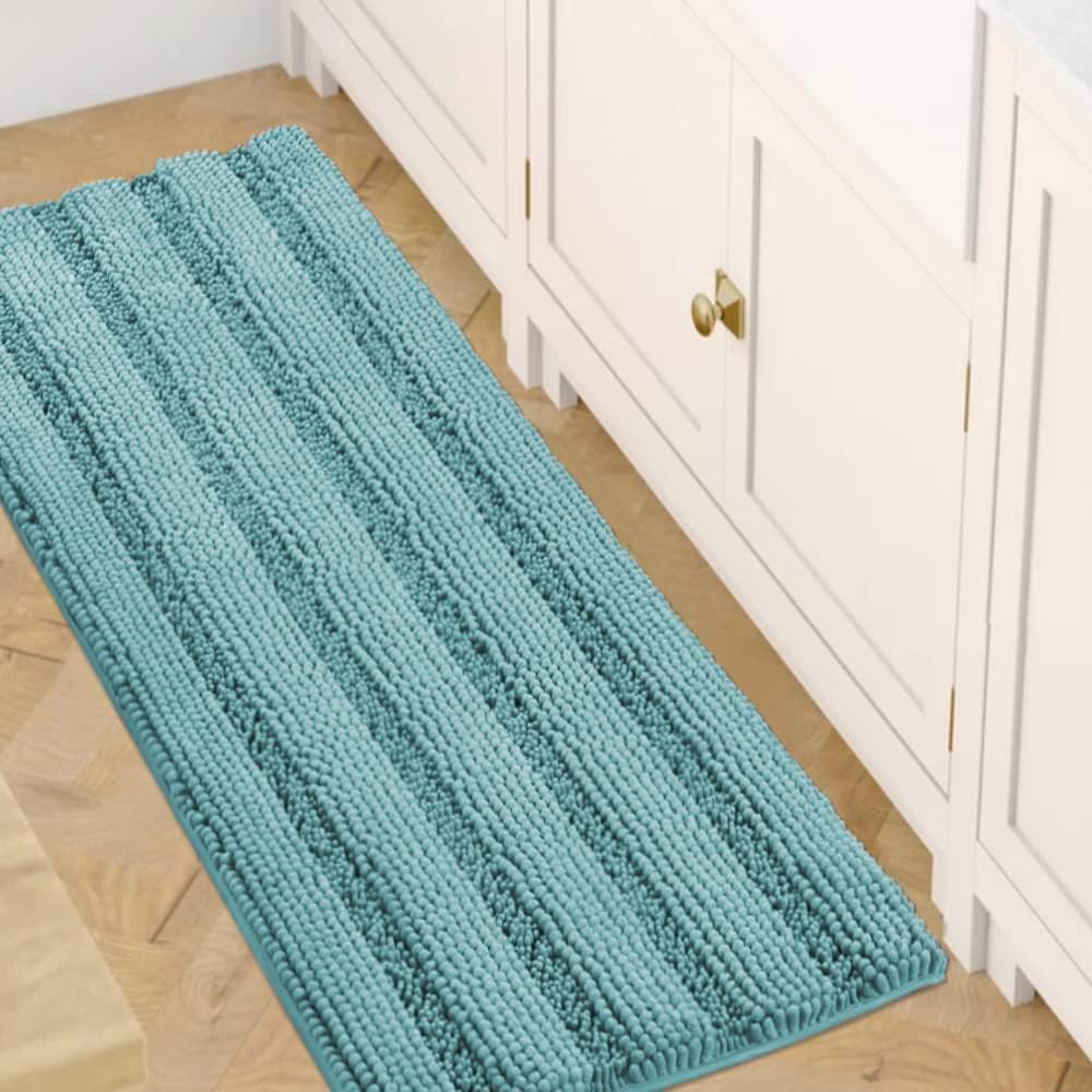 Black Bathroom Rug Set Extra Thick Striped Bath Mats for Bathroom Floor 2 Piece, Anti-Slip Bath Mat Set Soft Plush Chenille Shower Rugs for Bathroom Waterproof (20" x 32"/17" x 24")