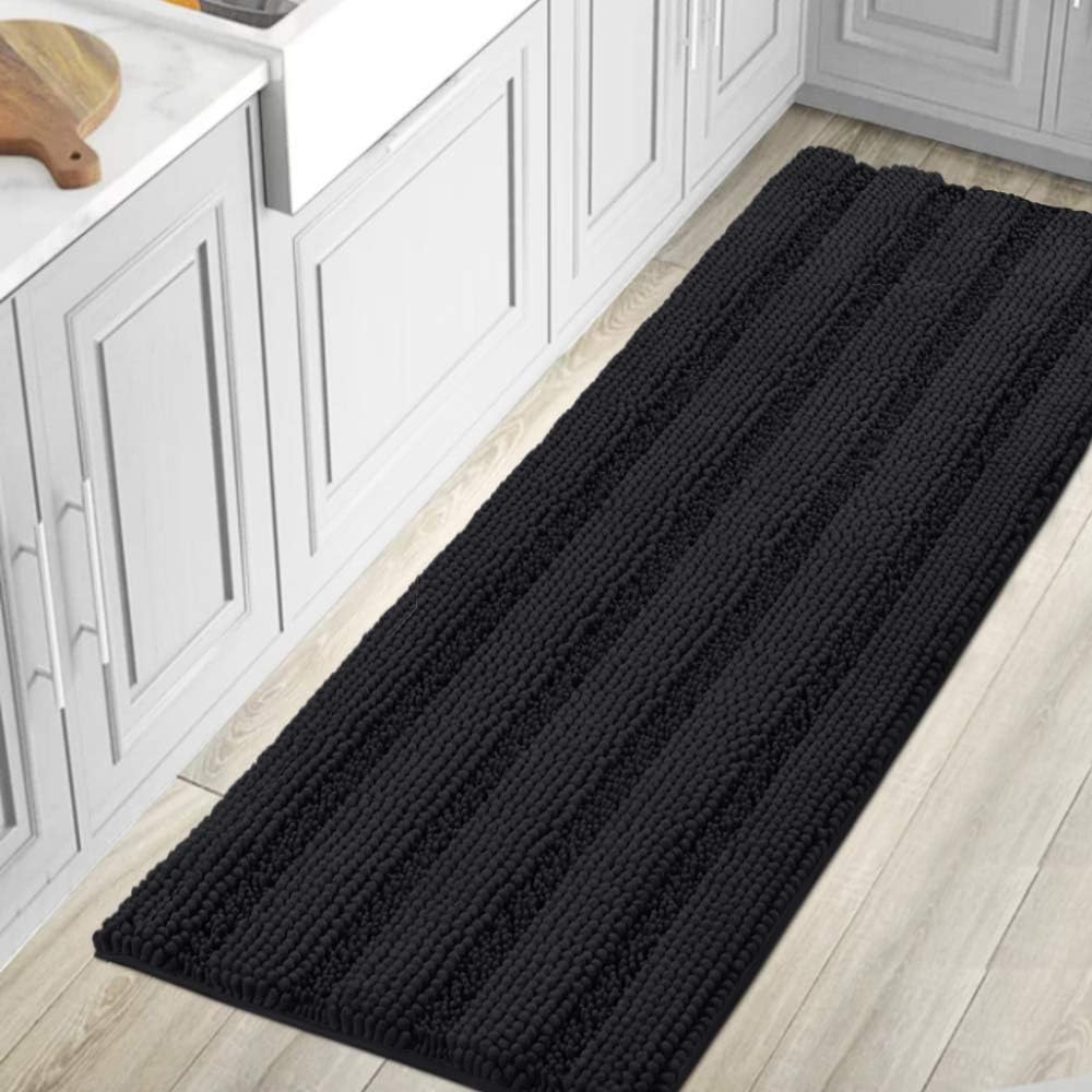 Black Bathroom Rug Set Extra Thick Striped Bath Mats for Bathroom Floor 2 Piece, Anti-Slip Bath Mat Set Soft Plush Chenille Shower Rugs for Bathroom Waterproof (20" x 32"/17" x 24")