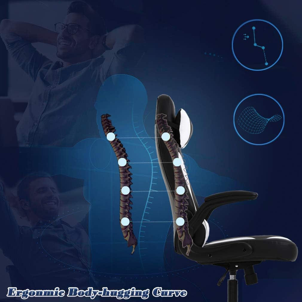 PC Gaming Chair Ergonomic Office Chair Desk Chair with Lumbar Support Flip Up Arms Headrest PU Leather Executive High Back Computer Chair for Adults Women Men (White)