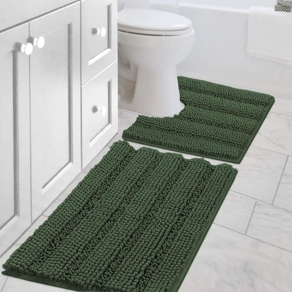 Black Bathroom Rug Set Extra Thick Striped Bath Mats for Bathroom Floor 2 Piece, Anti-Slip Bath Mat Set Soft Plush Chenille Shower Rugs for Bathroom Waterproof (20" x 32"/17" x 24")