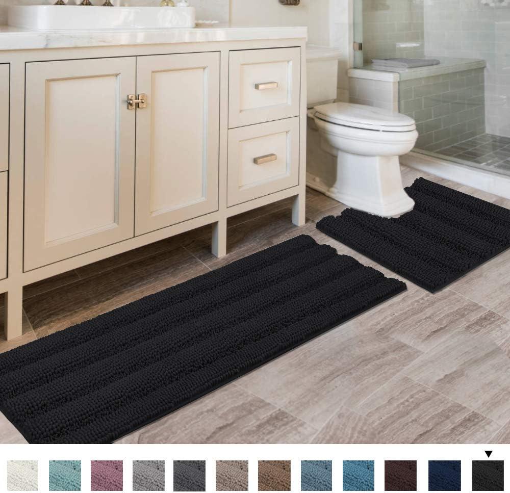 Black Bathroom Rug Set Extra Thick Striped Bath Mats for Bathroom Floor 2 Piece, Anti-Slip Bath Mat Set Soft Plush Chenille Shower Rugs for Bathroom Waterproof (20" x 32"/17" x 24")