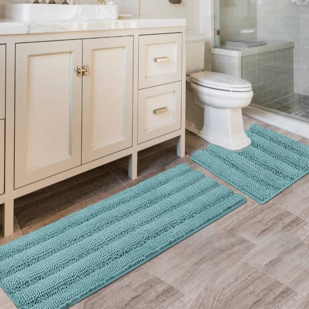 Black Bathroom Rug Set Extra Thick Striped Bath Mats for Bathroom Floor 2 Piece, Anti-Slip Bath Mat Set Soft Plush Chenille Shower Rugs for Bathroom Waterproof (20" x 32"/17" x 24")