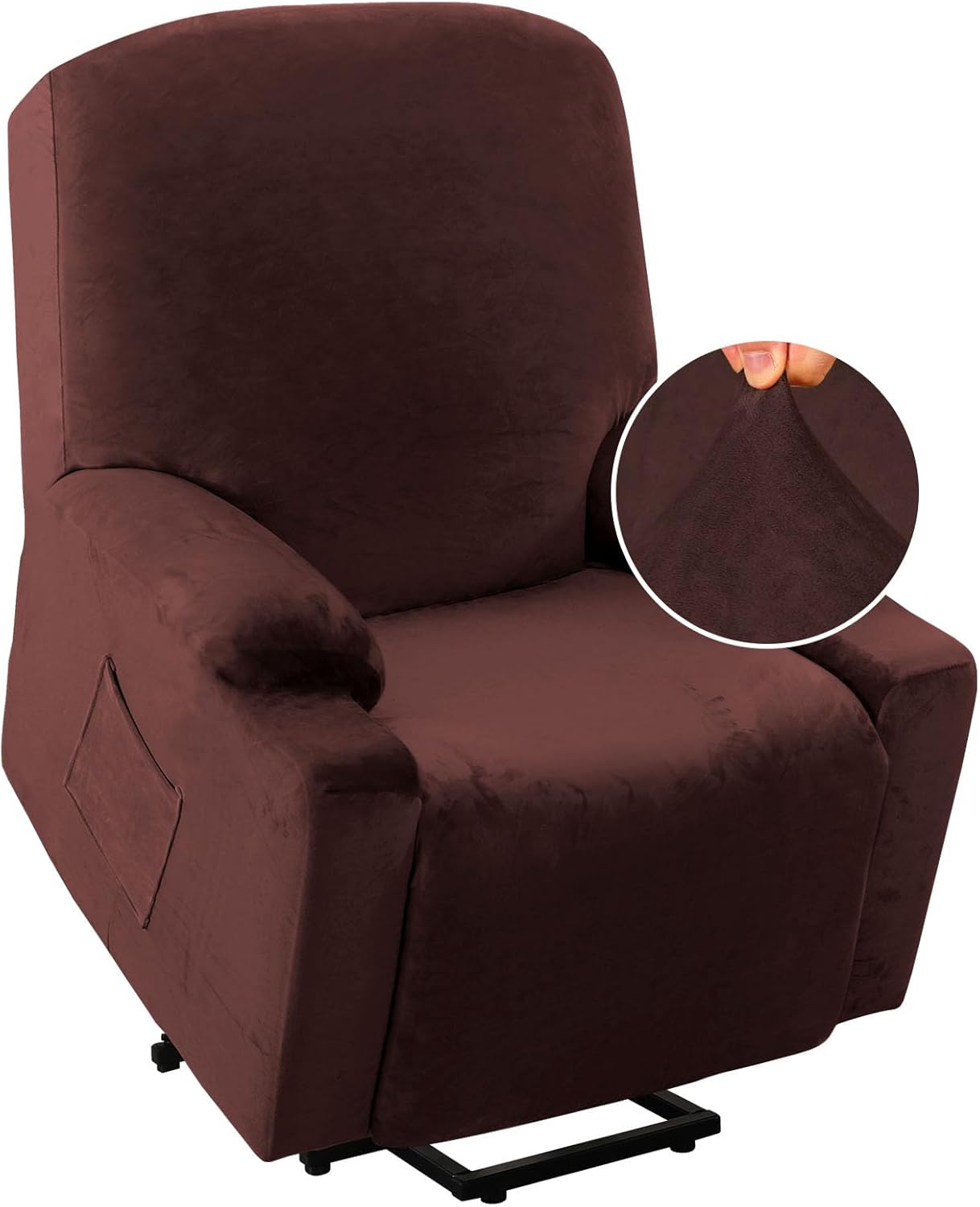 Rich Velvet Stretch Recliner Slipcovers 1 Piece Electric Power Lift Recliner Chair Cover Fitted Standard Large Power Lift Recliner with Side Pocket, Soft and Thick (Single Seat, Camel)