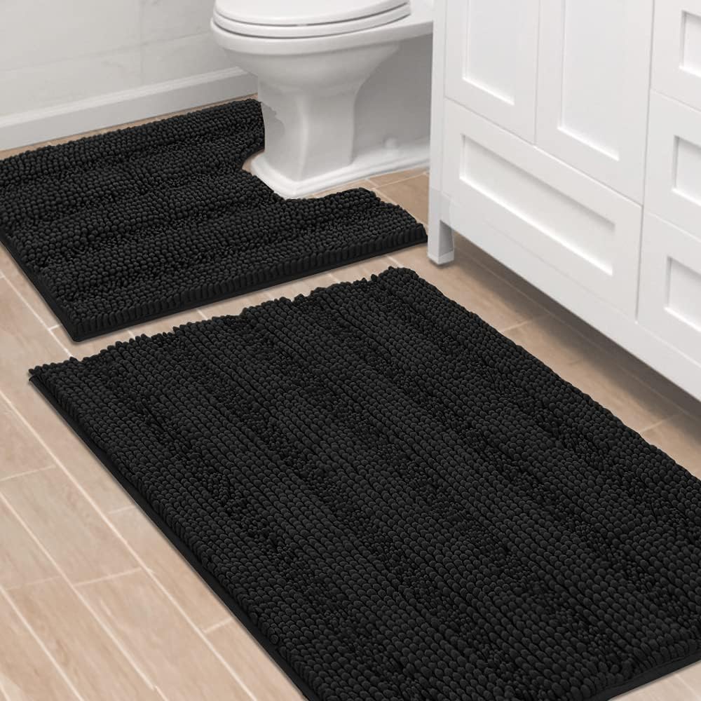 Black Bathroom Rug Set Extra Thick Striped Bath Mats for Bathroom Floor 2 Piece, Anti-Slip Bath Mat Set Soft Plush Chenille Shower Rugs for Bathroom Waterproof (20" x 32"/17" x 24")