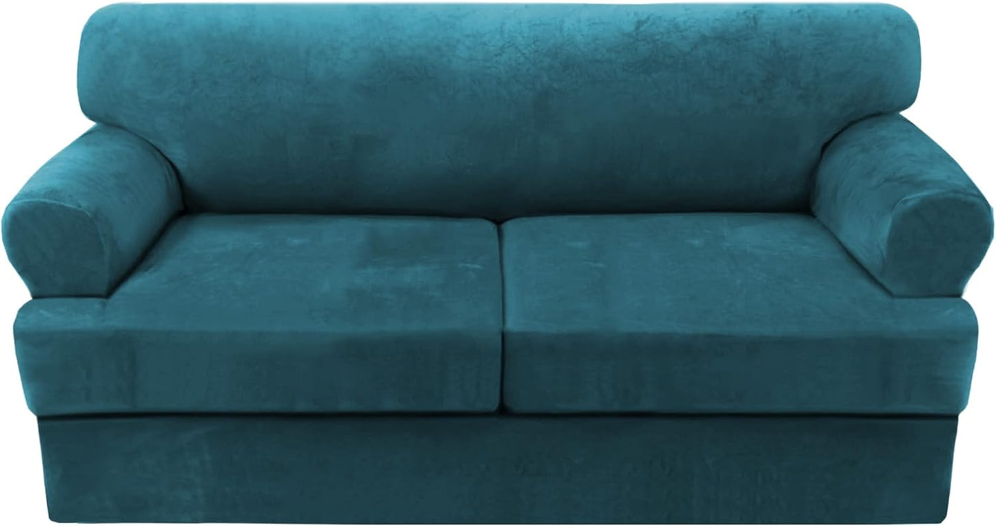 Sofa Cover 2 Piece T Cushion Armchair Slipcovers Thick Velvet Couch Cover Furniture Protector Stretch T Cushion Sofa Covers for 1 Cushion Couch with 1 Individual T Cushion Covers, Ivory