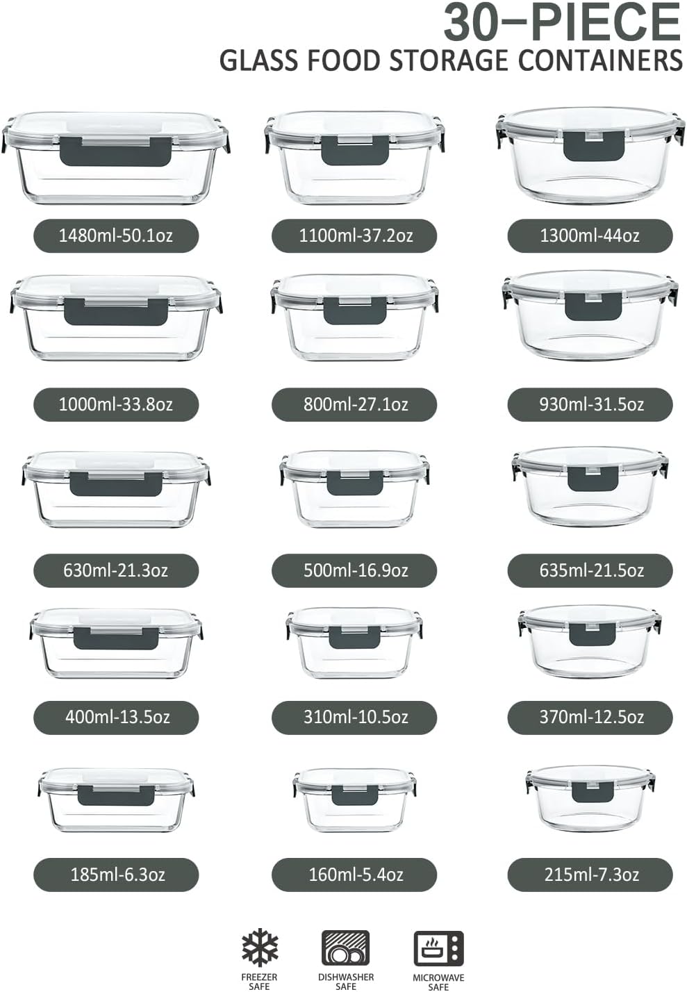30 Pieces Glass Food Storage Containers with Snap Locking Lids,Glass Meal Prep Containers Set - Airtight Lunch Containers, Microwave, Oven, Freezer and Dishwasher