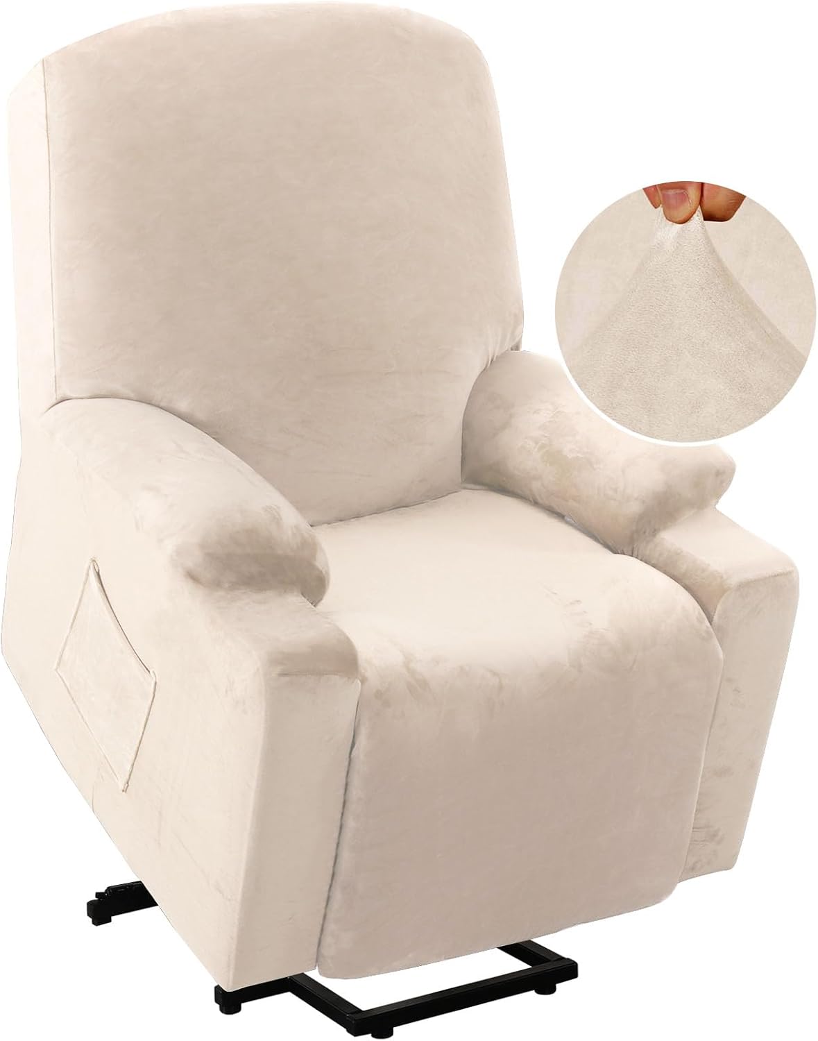 Rich Velvet Stretch Recliner Slipcovers 1 Piece Electric Power Lift Recliner Chair Cover Fitted Standard Large Power Lift Recliner with Side Pocket, Soft and Thick (Single Seat, Camel)