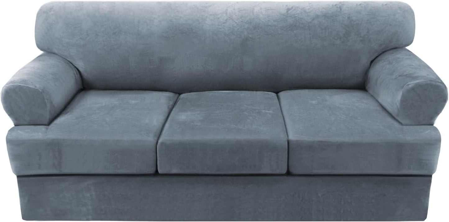 Sofa Cover 2 Piece T Cushion Armchair Slipcovers Thick Velvet Couch Cover Furniture Protector Stretch T Cushion Sofa Covers for 1 Cushion Couch with 1 Individual T Cushion Covers, Ivory