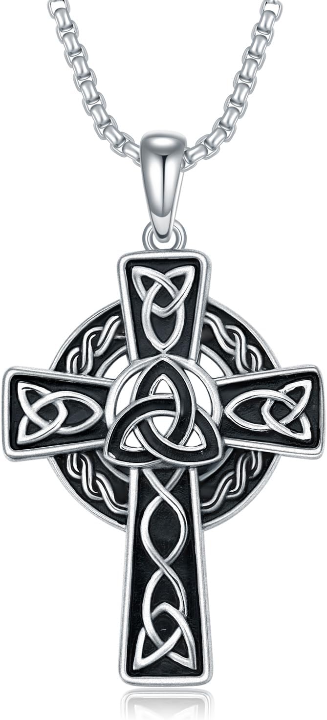 Celtic Cross Necklace For men Silver Cross Pendant Necklace Mens Celtic Cross Celtic Amulet Necklace Protection Jewelry Religious Gifts with 2.5mm 22"+2" Adjustable Rolo Chain