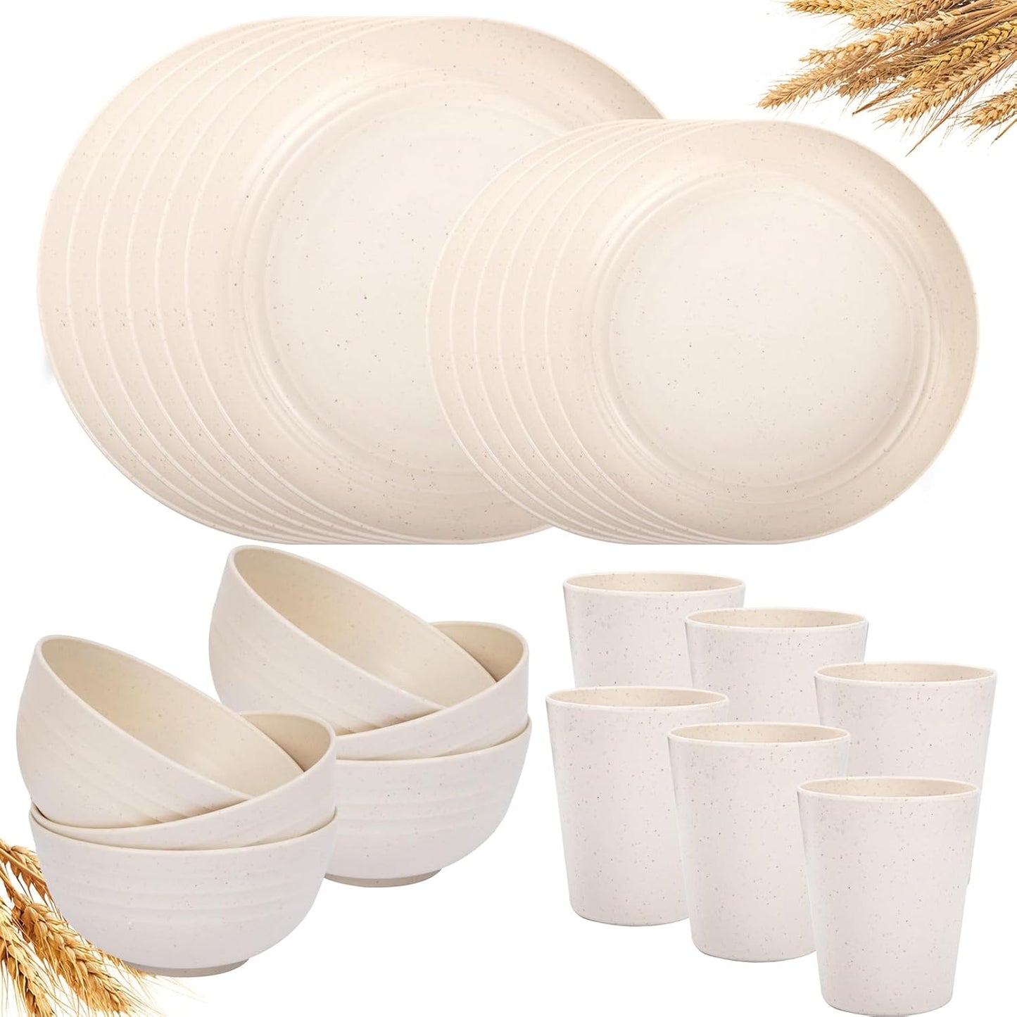 48pcs Grey Straw Dinnerware Set, Plates and Bowls Set, Camping Dish Set for 12, Plastic Dinnerware Set, Dishwasher Safe Dinnerware Set, Unbreakable Plates, Camper Dish Sets, Reusable Tableware