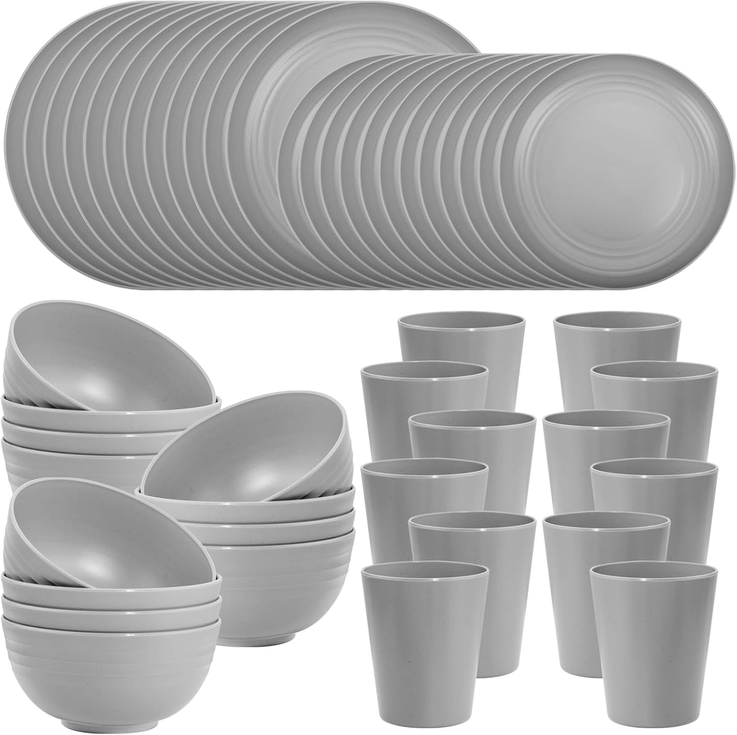 48pcs Grey Straw Dinnerware Set, Plates and Bowls Set, Camping Dish Set for 12, Plastic Dinnerware Set, Dishwasher Safe Dinnerware Set, Unbreakable Plates, Camper Dish Sets, Reusable Tableware