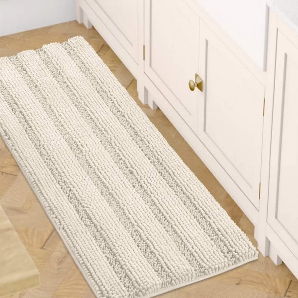 Black Bathroom Rug Set Extra Thick Striped Bath Mats for Bathroom Floor 2 Piece, Anti-Slip Bath Mat Set Soft Plush Chenille Shower Rugs for Bathroom Waterproof (20" x 32"/17" x 24")