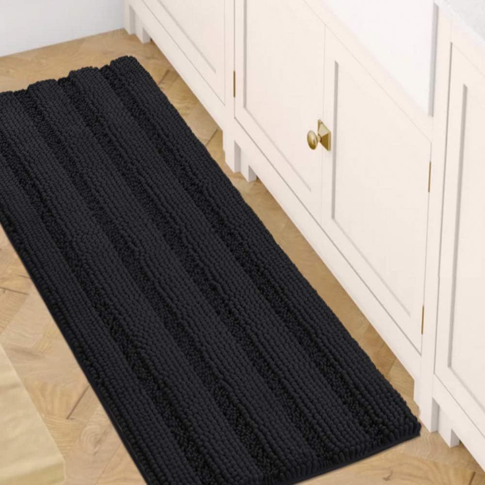 Black Bathroom Rug Set Extra Thick Striped Bath Mats for Bathroom Floor 2 Piece, Anti-Slip Bath Mat Set Soft Plush Chenille Shower Rugs for Bathroom Waterproof (20" x 32"/17" x 24")