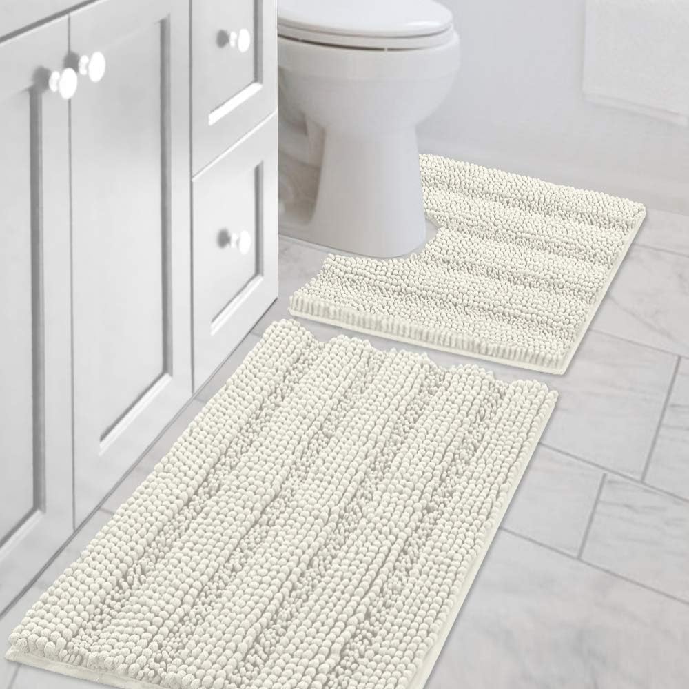 Black Bathroom Rug Set Extra Thick Striped Bath Mats for Bathroom Floor 2 Piece, Anti-Slip Bath Mat Set Soft Plush Chenille Shower Rugs for Bathroom Waterproof (20" x 32"/17" x 24")