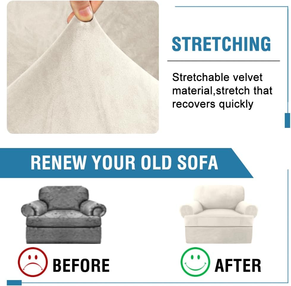 Sofa Cover 2 Piece T Cushion Armchair Slipcovers Thick Velvet Couch Cover Furniture Protector Stretch T Cushion Sofa Covers for 1 Cushion Couch with 1 Individual T Cushion Covers, Ivory