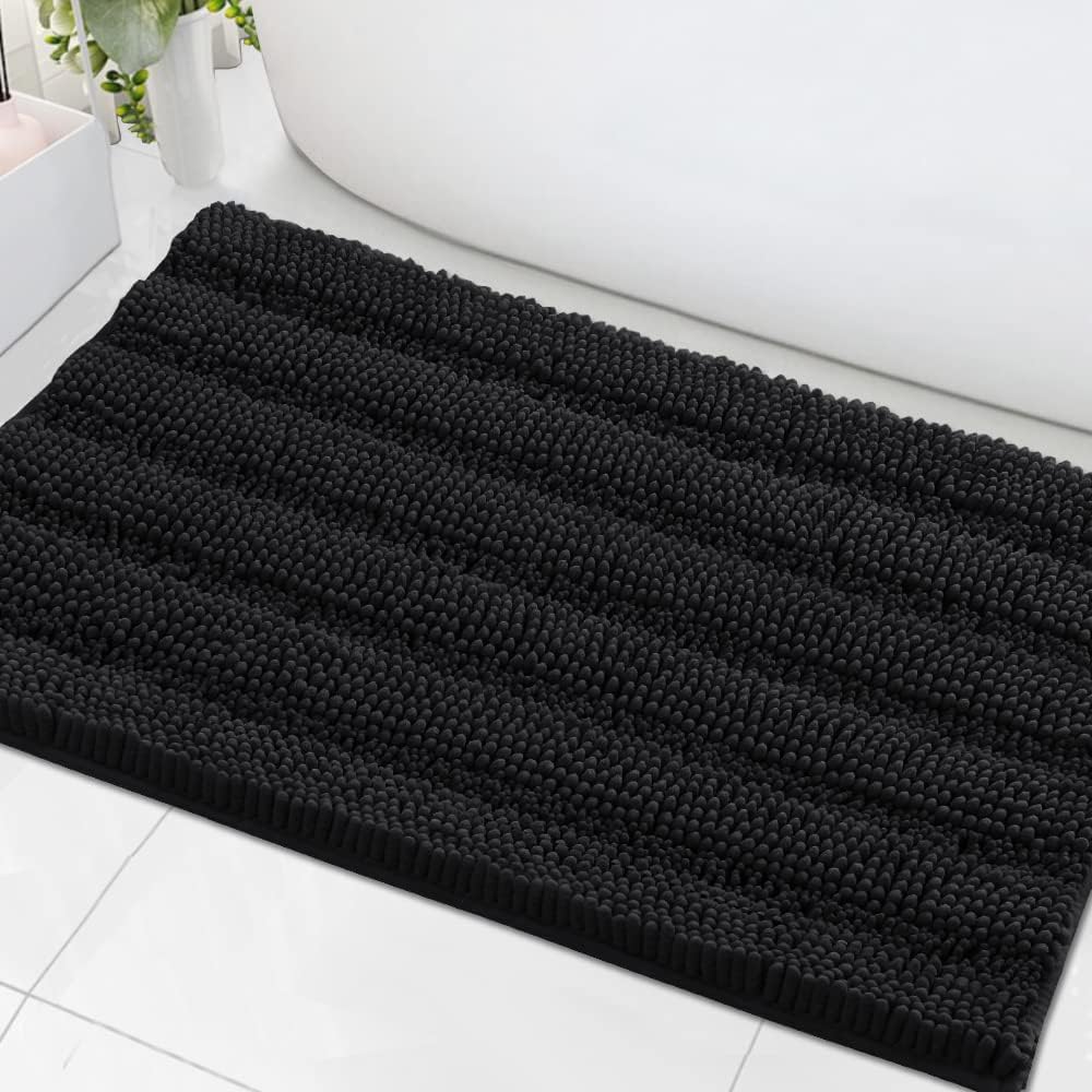 Black Bathroom Rug Set Extra Thick Striped Bath Mats for Bathroom Floor 2 Piece, Anti-Slip Bath Mat Set Soft Plush Chenille Shower Rugs for Bathroom Waterproof (20" x 32"/17" x 24")
