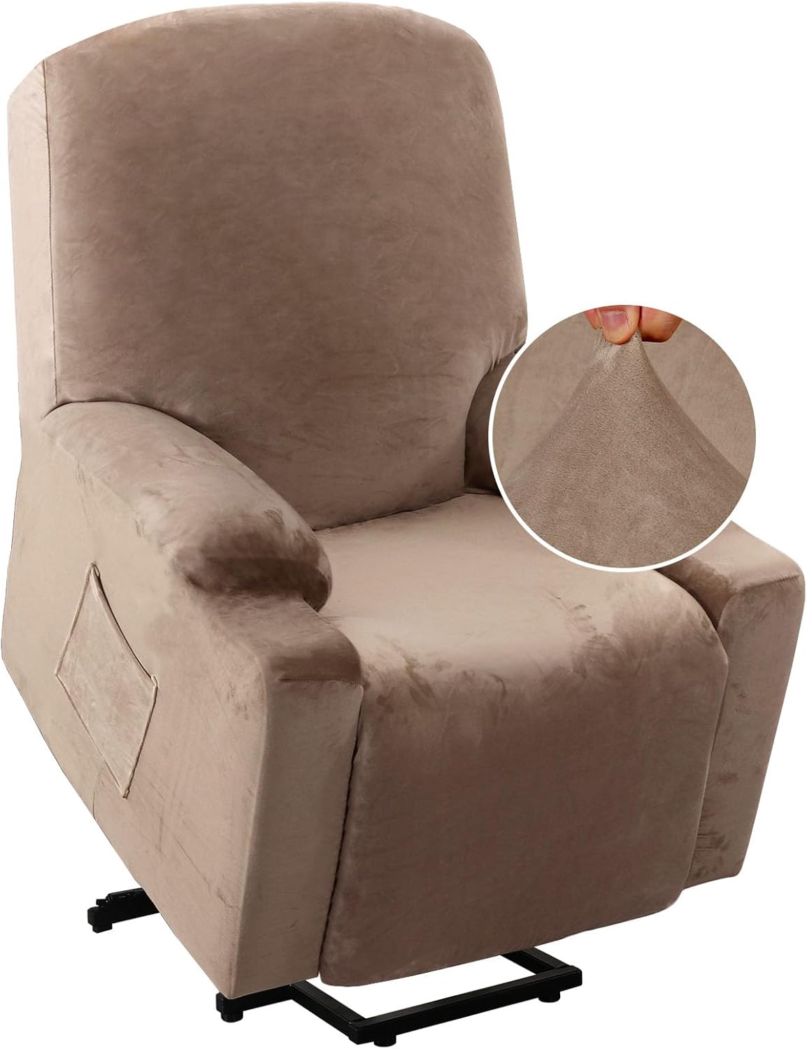Rich Velvet Stretch Recliner Slipcovers 1 Piece Electric Power Lift Recliner Chair Cover Fitted Standard Large Power Lift Recliner with Side Pocket, Soft and Thick (Single Seat, Camel)