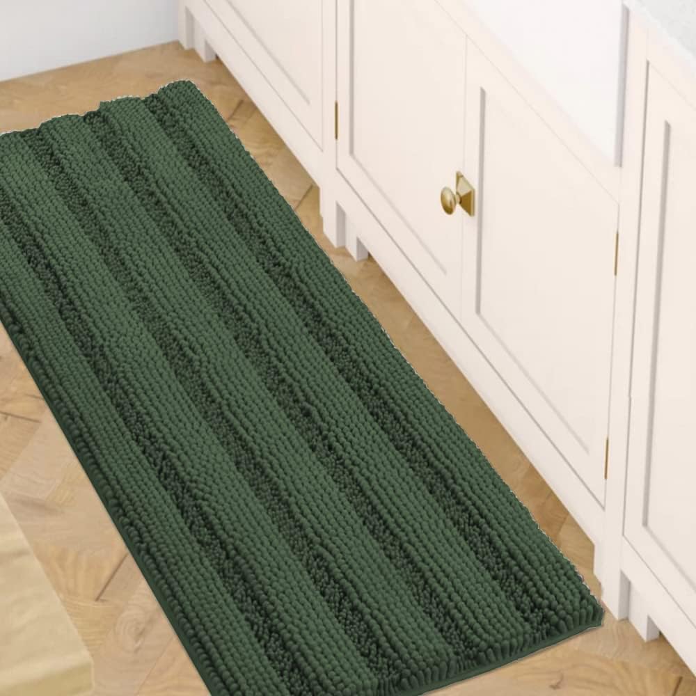 Black Bathroom Rug Set Extra Thick Striped Bath Mats for Bathroom Floor 2 Piece, Anti-Slip Bath Mat Set Soft Plush Chenille Shower Rugs for Bathroom Waterproof (20" x 32"/17" x 24")