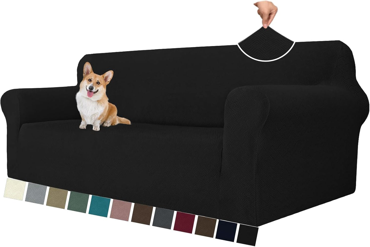 Super Stretch Couch Cover for 3 Cushion Couch, 1-Piece Universal Sofa Covers Living Room Jacquard Spandex Furniture Protector Dogs Pet Friendly Fitted (Large, Black)