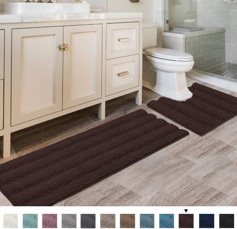 Black Bathroom Rug Set Extra Thick Striped Bath Mats for Bathroom Floor 2 Piece, Anti-Slip Bath Mat Set Soft Plush Chenille Shower Rugs for Bathroom Waterproof (20" x 32"/17" x 24")