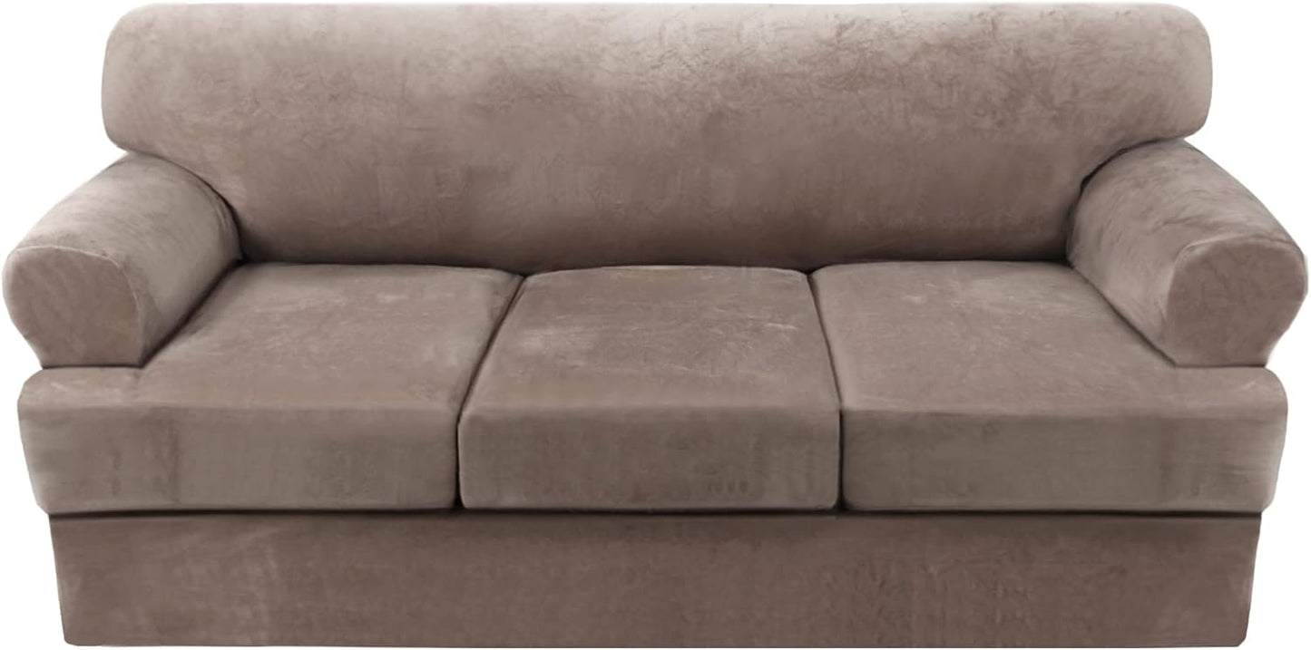 Sofa Cover 2 Piece T Cushion Armchair Slipcovers Thick Velvet Couch Cover Furniture Protector Stretch T Cushion Sofa Covers for 1 Cushion Couch with 1 Individual T Cushion Covers, Ivory