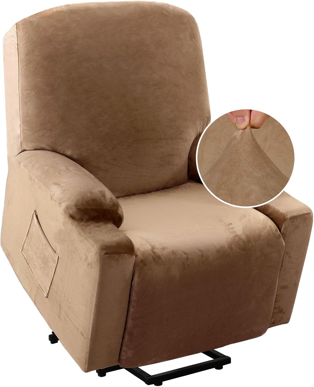 Rich Velvet Stretch Recliner Slipcovers 1 Piece Electric Power Lift Recliner Chair Cover Fitted Standard Large Power Lift Recliner with Side Pocket, Soft and Thick (Single Seat, Camel)