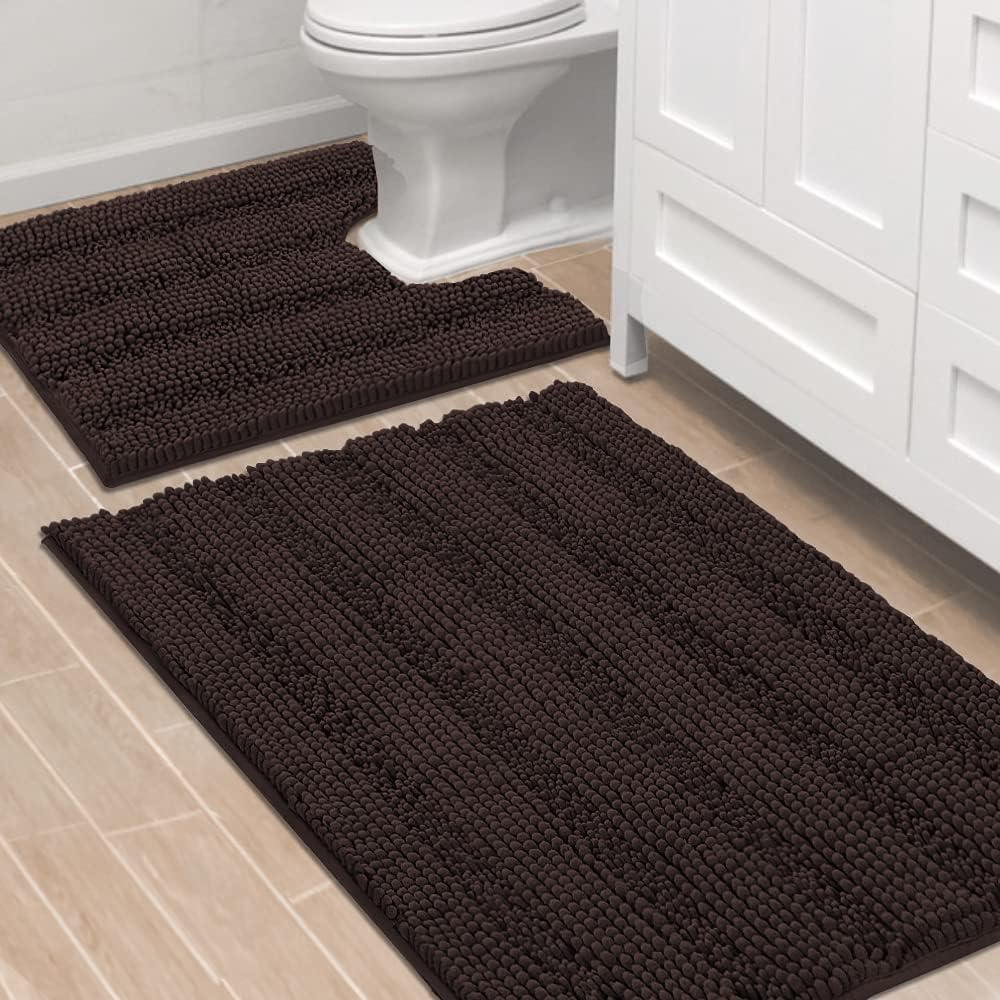 Black Bathroom Rug Set Extra Thick Striped Bath Mats for Bathroom Floor 2 Piece, Anti-Slip Bath Mat Set Soft Plush Chenille Shower Rugs for Bathroom Waterproof (20" x 32"/17" x 24")