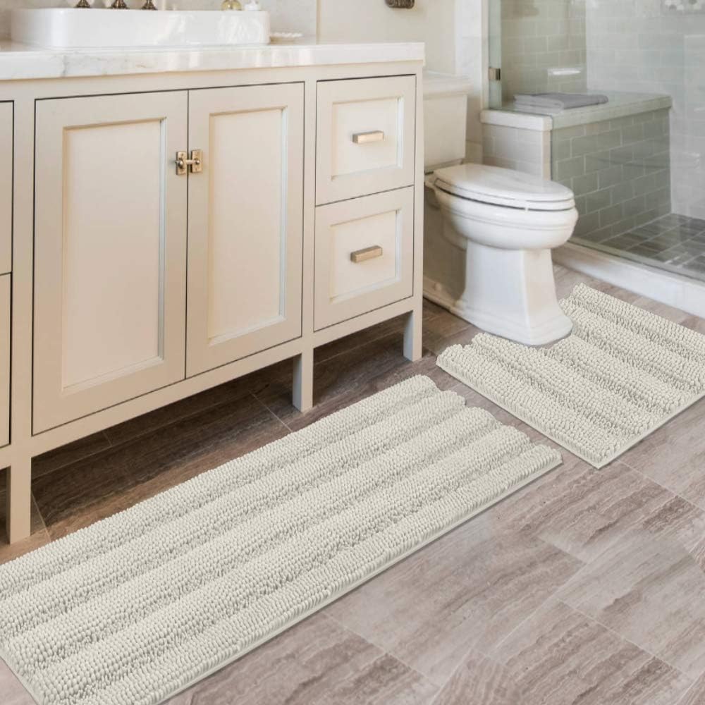 Black Bathroom Rug Set Extra Thick Striped Bath Mats for Bathroom Floor 2 Piece, Anti-Slip Bath Mat Set Soft Plush Chenille Shower Rugs for Bathroom Waterproof (20" x 32"/17" x 24")