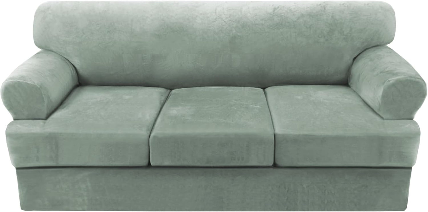 Sofa Cover 2 Piece T Cushion Armchair Slipcovers Thick Velvet Couch Cover Furniture Protector Stretch T Cushion Sofa Covers for 1 Cushion Couch with 1 Individual T Cushion Covers, Ivory