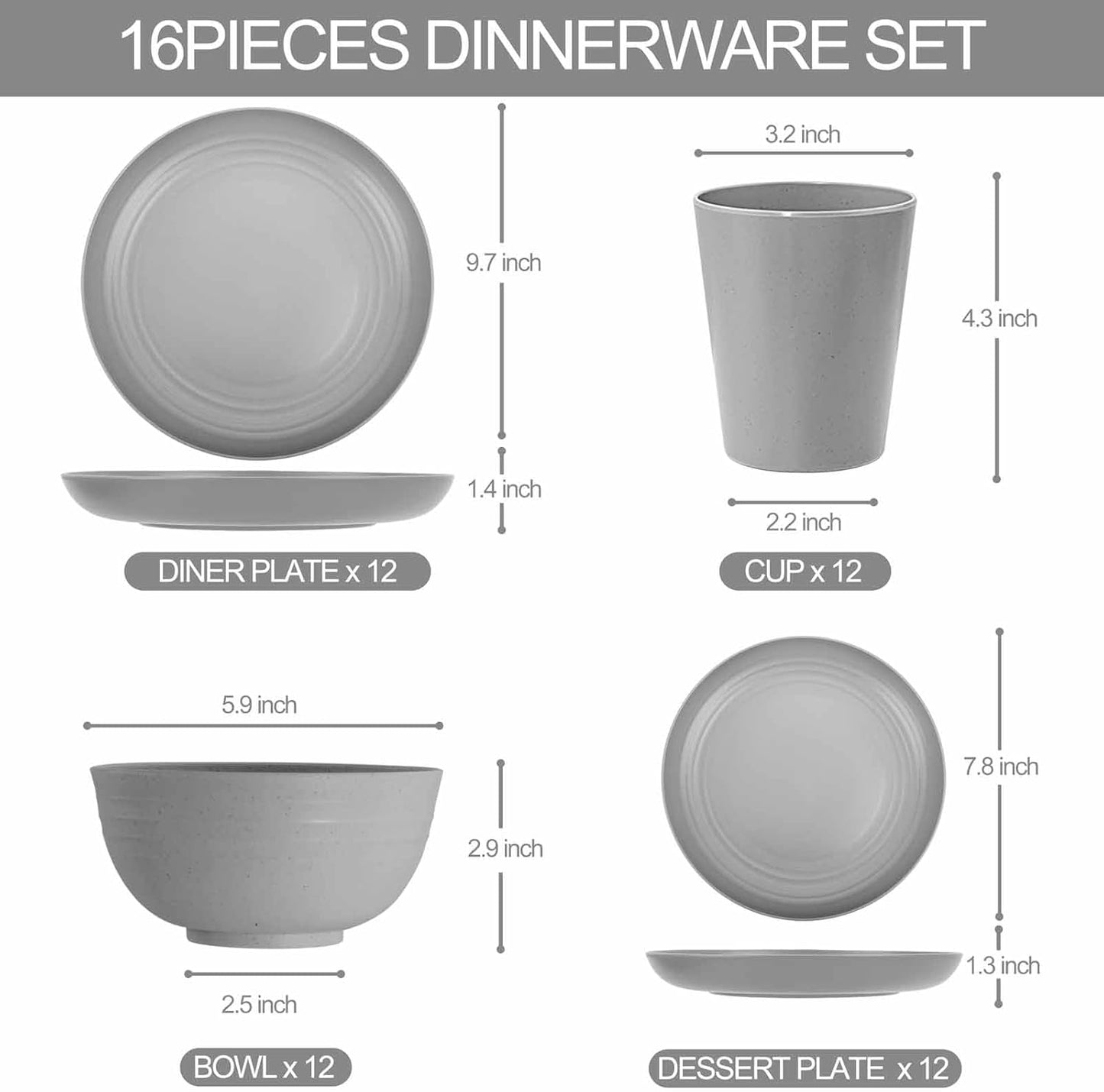 48pcs Grey Straw Dinnerware Set, Plates and Bowls Set, Camping Dish Set for 12, Plastic Dinnerware Set, Dishwasher Safe Dinnerware Set, Unbreakable Plates, Camper Dish Sets, Reusable Tableware