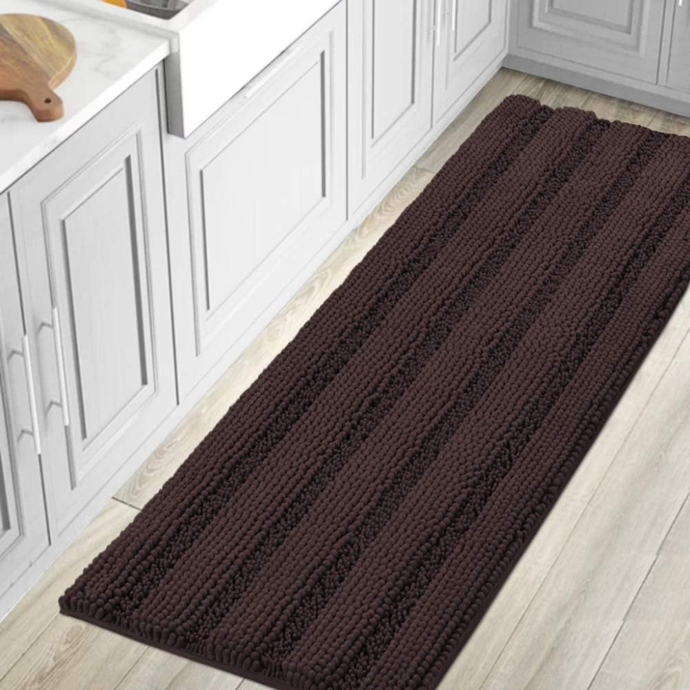 Black Bathroom Rug Set Extra Thick Striped Bath Mats for Bathroom Floor 2 Piece, Anti-Slip Bath Mat Set Soft Plush Chenille Shower Rugs for Bathroom Waterproof (20" x 32"/17" x 24")